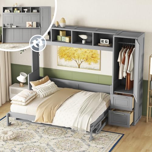 Linique Full Size Murphy Cabinet Storage Wall Bed with Closet and Drawers and Built-in Top Shelf,Hide a Bed on a Wardrobe Space Saving Design,Gray