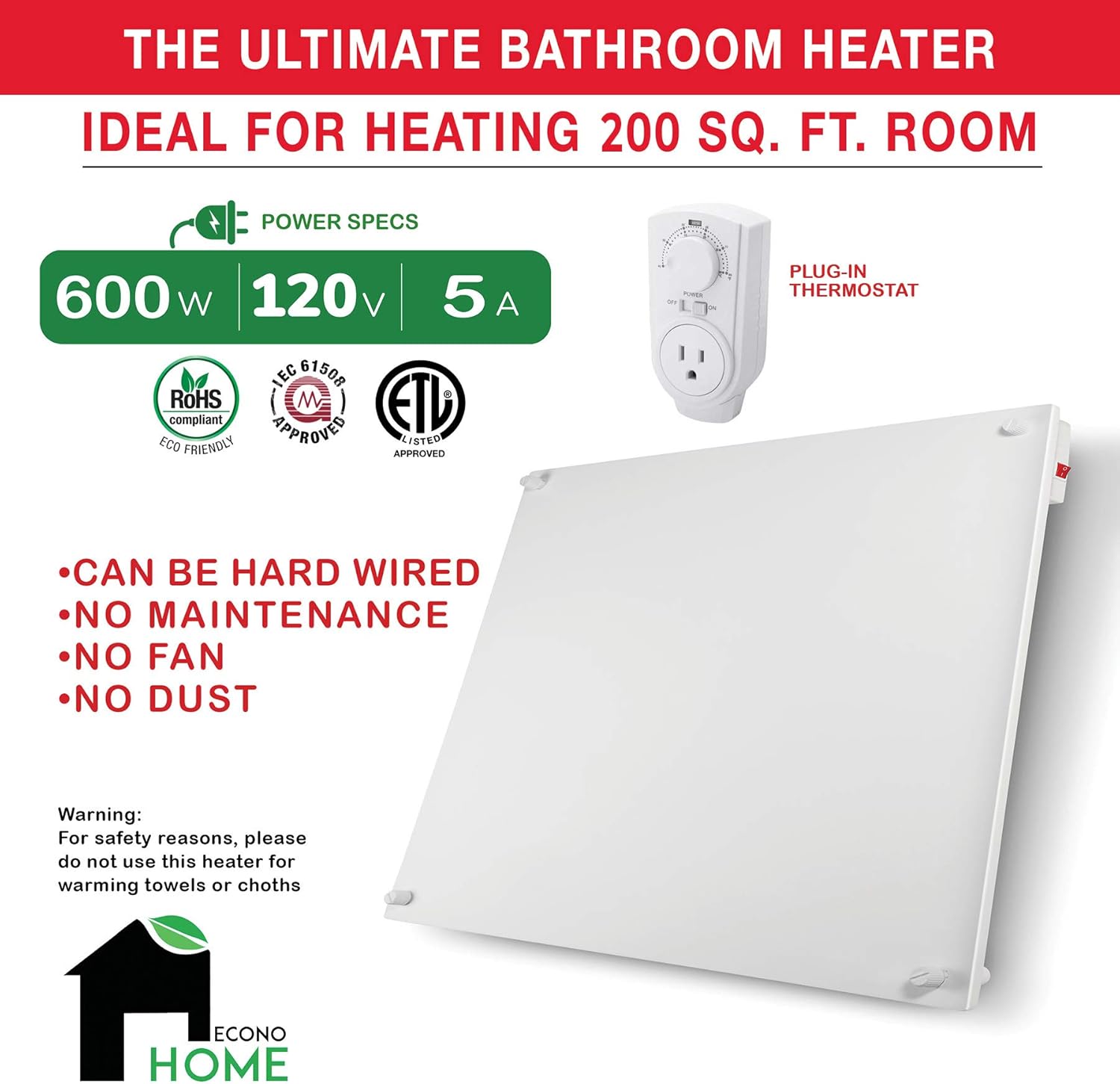 EconoHome Wall Mount Space Heater Panel - with Thermostat - 600 Watt Convection Heater - Ideal for 200 Sq Ft Room - 120V Electric Heater - Save Up to 50% of Heating Cost - with Overheat Protection