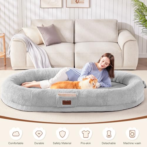 Human Dog Bed for People Adults, Giant Foldable Bean Bag Bed with Blanket, Washable Faux Fur Nap Floor Bed Adult for People, Pets Removable Large Memory Foam Human Sized Dog Bed Black