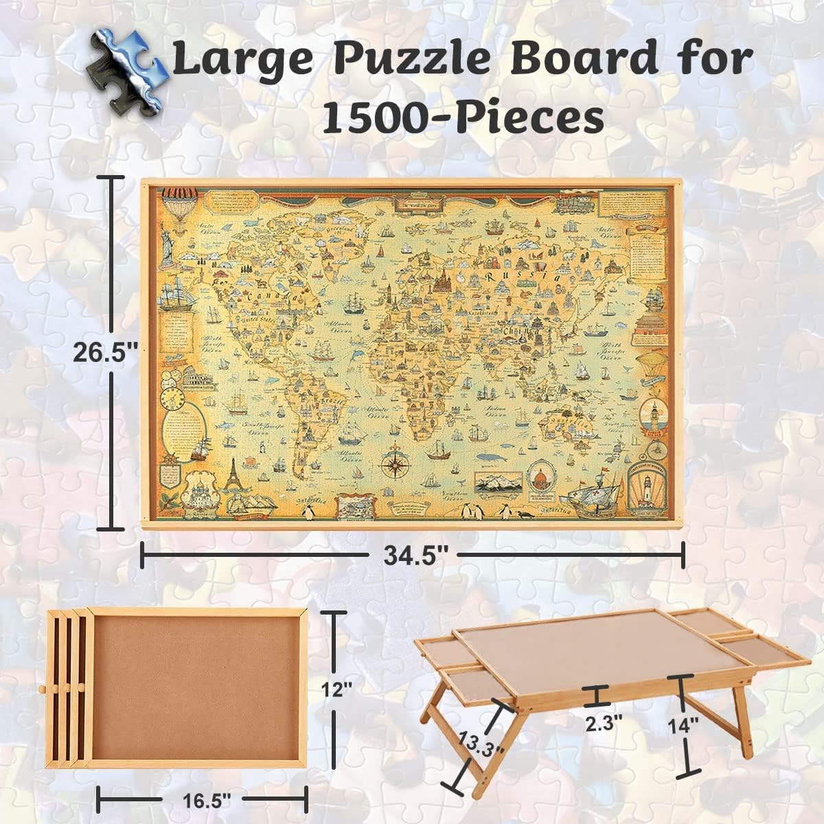 1500 Piece Puzzle Board, 34" x 26" Wooden Jigsaw Puzzle Boards with Folding Legs and 4 Drawers, Smooth Fiberboard Work Surface, Puzzle Tables for Adults, Puzzle Table, Portable Folding Puzzle Tray