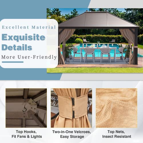 MELLCOM 12'x16' Hardtop Gazebo, Galvanized Steel Metal Double Roof Canopy with Curtains and Netting, Brown Permanent Pavilion Gazebos with Aluminum Frame for Garden, Patio, Lawns, Deck