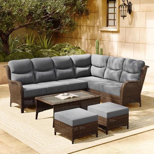 Luxury Patio Furniture Set with 6-inch Thick Cushion, Outdoor Couch and High Back Swivel Rocker Patio Chairs, 7PCS Wicker Conversation Set for Deck, Yard, and Poolside in Blue (V2)