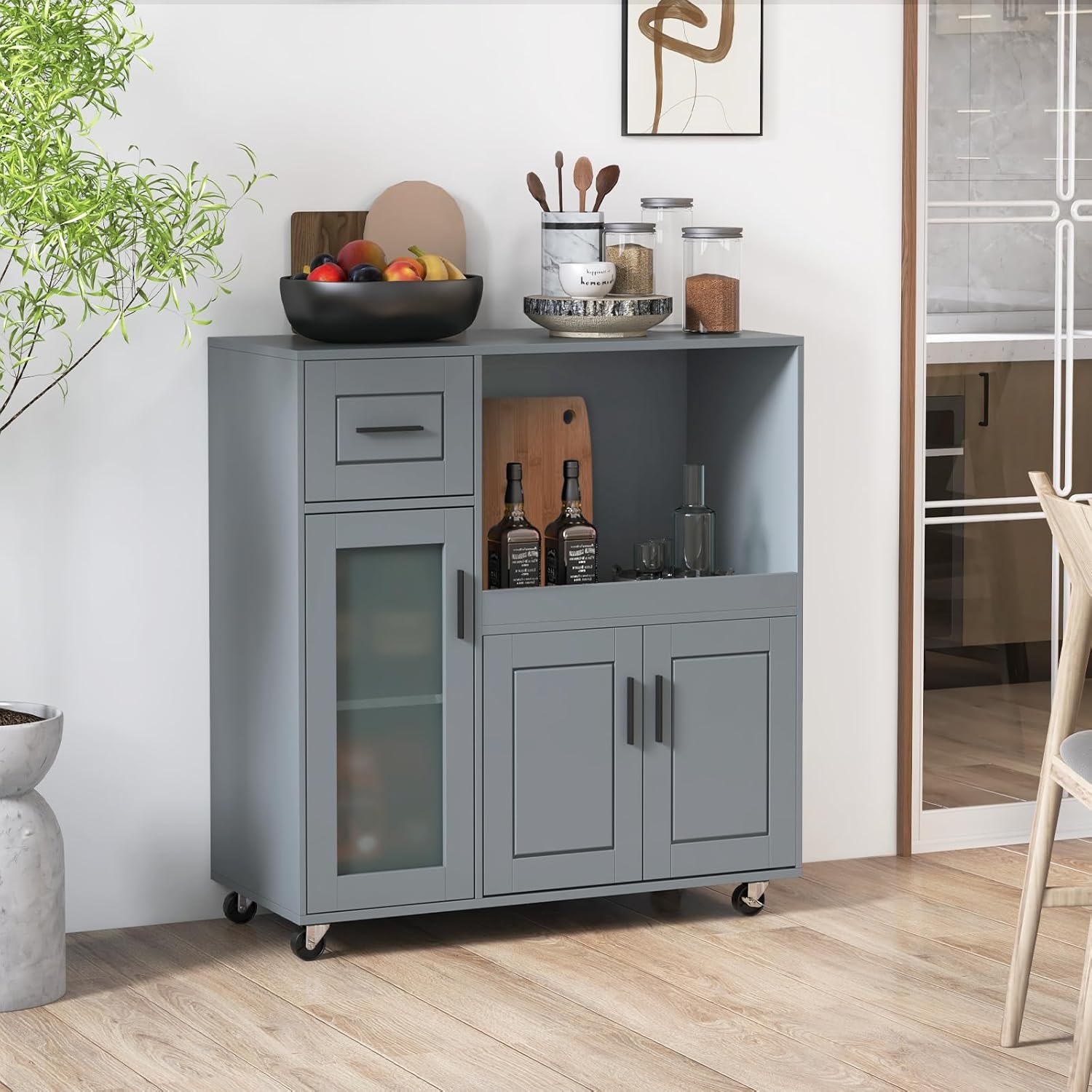 Giantex Kitchen Island with Storage, Mobile Kitchen Cart with Wheels, Tempered Glass Door, Drawer, 3-Level Adjustable Shelf, Microwave Storage Cabinet, Coffee Cart Station for Dining Room, Grey