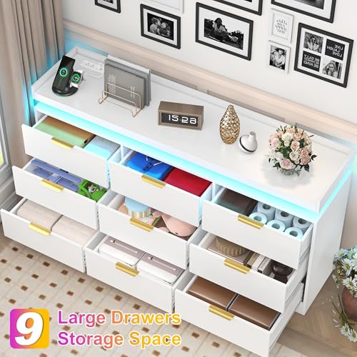 White Dresser with LED Lights, Wooden LED Dresser, 4 Drawer Chest with Charging Station, Tall Chest of Drawer Closet Organizer for Bedroom, Living Room, Entryway, Hallway