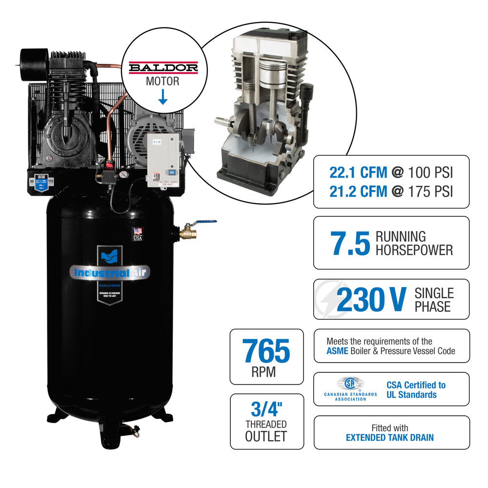 Industrial Air IV7518075 7.5 HP 80 Gallon Industrial Vertical Stationary Air Compressor with Baldor Motor