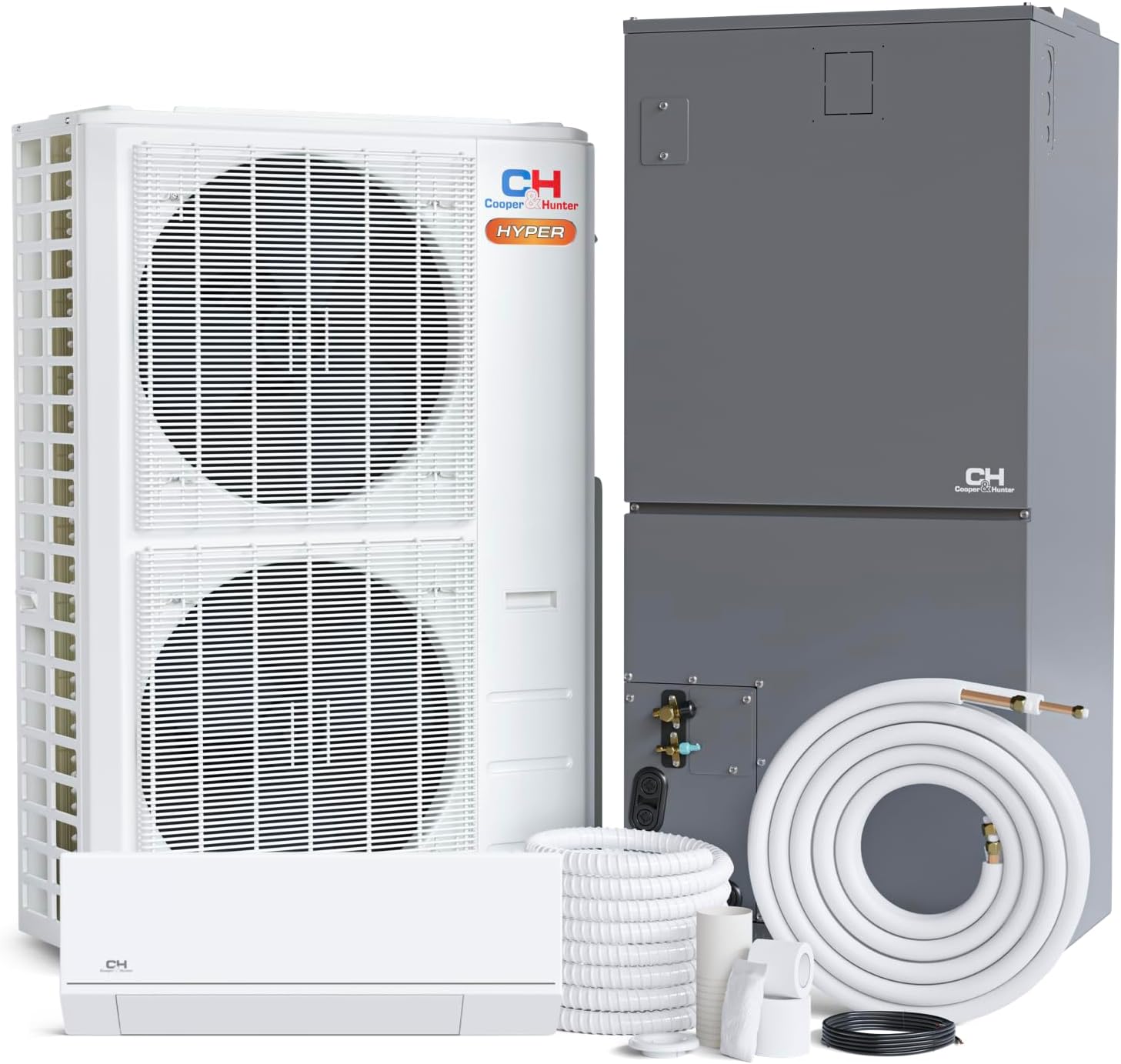Cooper&Hunter 36,000 BTU Hyper Heat Multi Tri Zone Heat Pump Split System With 2 Wall Mounts and 1 Ducted Central Multi Position Air Handler Unit Including 25ft Installation Kit