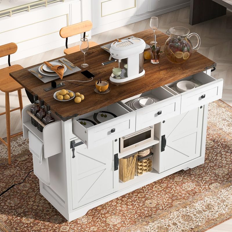 53.7" Farmhouse Kitchen Island with Power Outlet, 2 Sliding Barn Door Kitchen Storage Island with Drop Leaf, Spice Rack Rolling Kitchen Cart on Wheels, for Home, Kitchen and Dining Room, Black