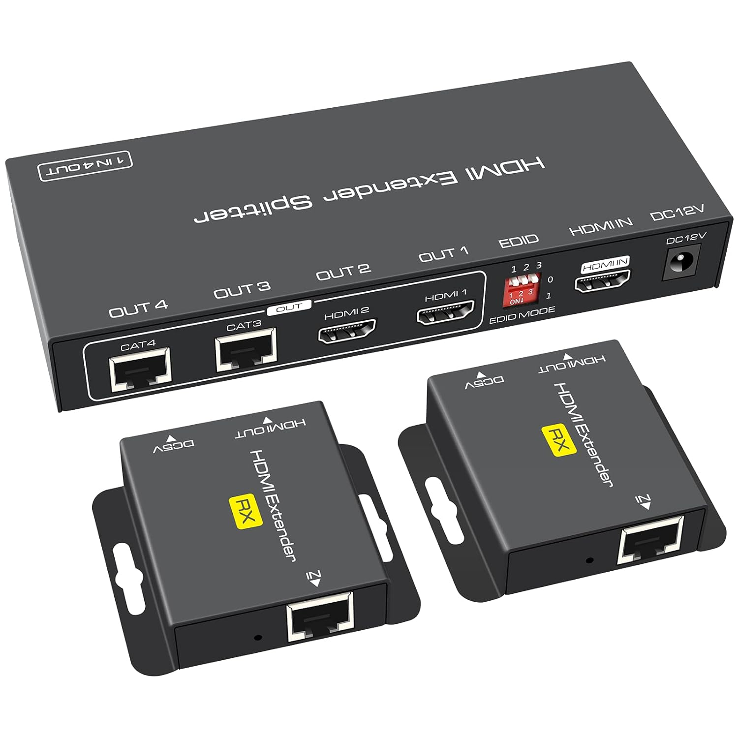 HDMI Extender Splitter Up to 165ft 1 in 2 Out Over Cat5e/6/7 with Two Loop-Out Local Display Repeater Balun Ethernet Sender Transmitter Receiver Support 1080p EDID POC��Only Need TX Power for Work ��