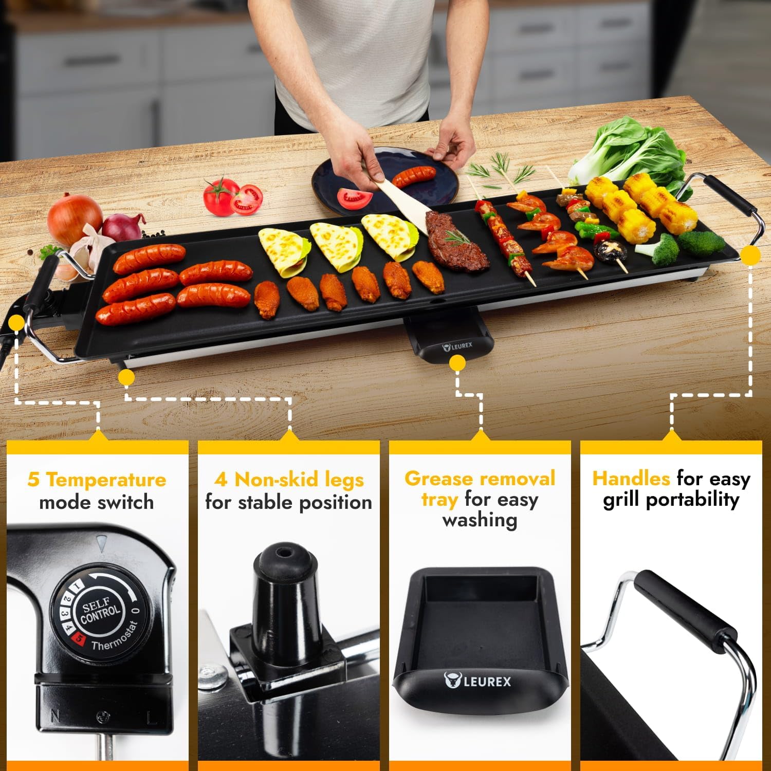 Premium Heavy Duty 35” Electric Portable Nonstick Teppanyaki Hibachi Grill Leurex Extra Large Table Top Griddle BBQ Barbecue Indoor Outdoor Camping with Adjustable Temperature