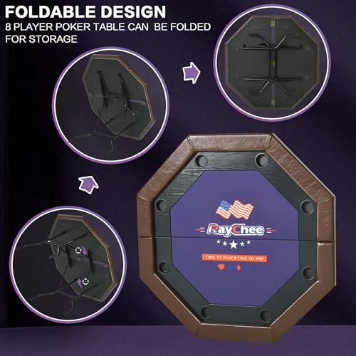 8 Players Poker Table Foldable,50inch Upgraded Folding Octagon Casion Table, Portable Texas Holedem Table w/Stainless Steel Cup Holders, Water-Resistant Cushioned Rail (Brown)