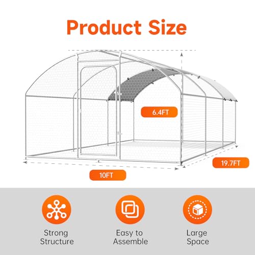 Large Metal Chicken Coop, Chicken Run Poultry Cage Hen with Water-Resident and Anti-UV Cover for Duck Rabbit House Outdoor Walk-in Chicken Pen for Yard, Dome Roof(10’ W x 19.7’ L x 6.4’ H)