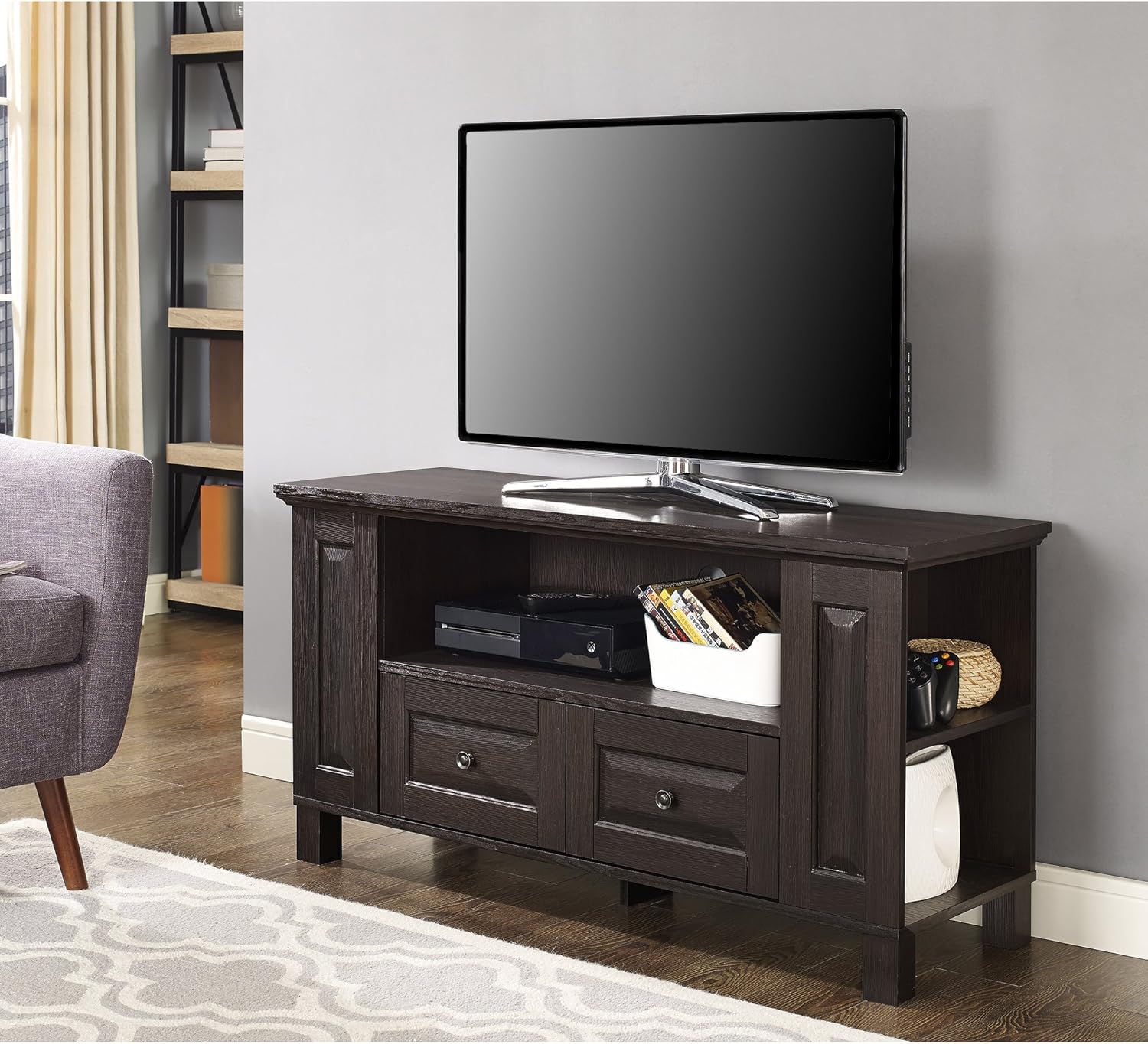 Walker Edison Traditional Wood Universal TV Stand with Storage Cabinets for TV's up to 65 Living Room Entertainment Center, 44 Inch, Traditional Brown