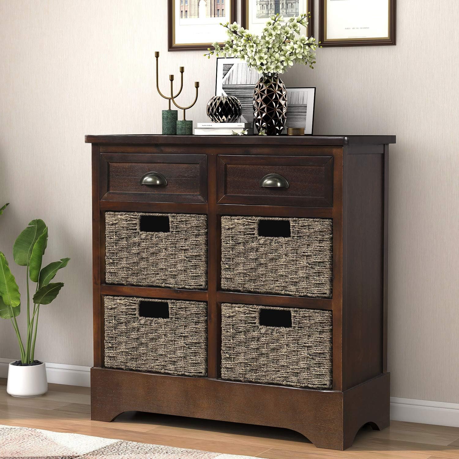 LUMISOL Home Collection Wicker Storage Cabinet Console table with Two Drawers and Four Wicker Baskets for Kitchen/Living Room/Dining Room, Accent Furniture (Espresso)