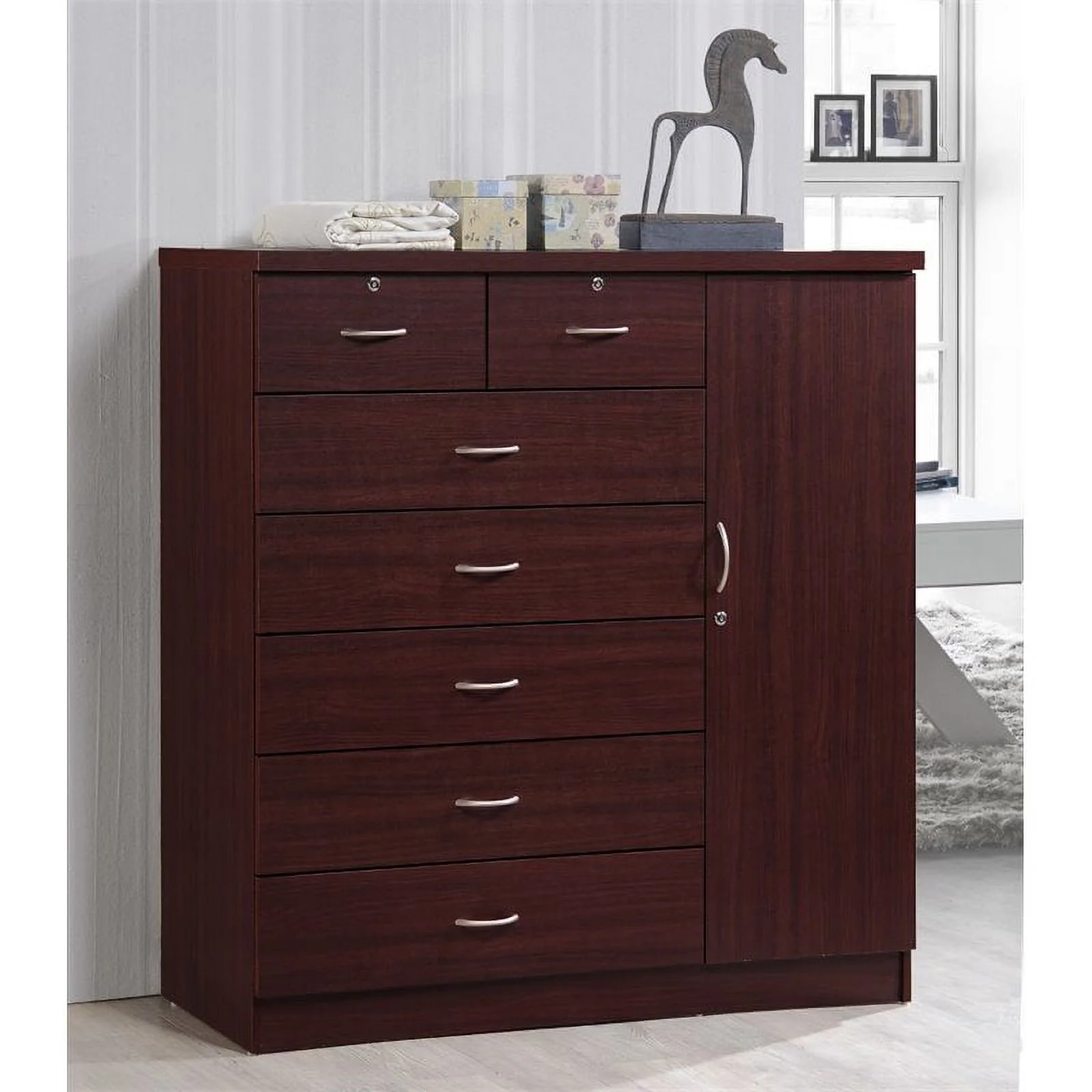 Home Square 2 Piece Bedroom Set with Captain Bed and Chest in Mahogany Wood