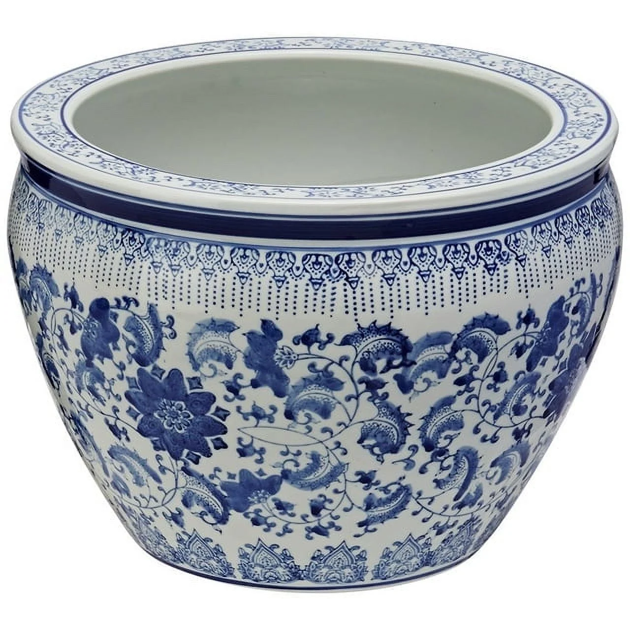 Oriental Furniture 14" Floral Blue & White Porcelain Fishbowl