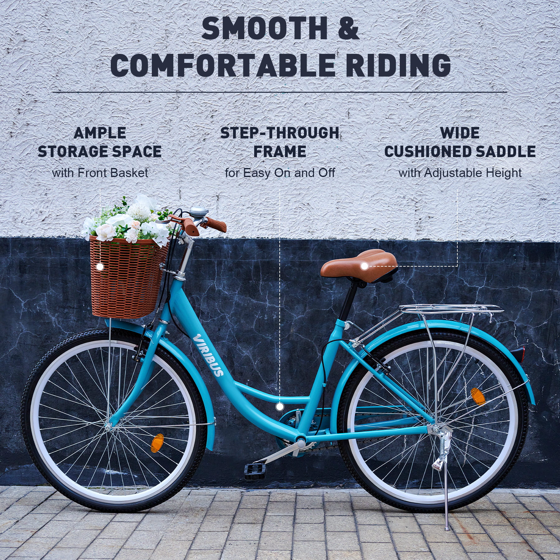 Viribus Beach & City Cruiser Bike 26 Inch Women's Comfort Bike with Basket & Rack Teal