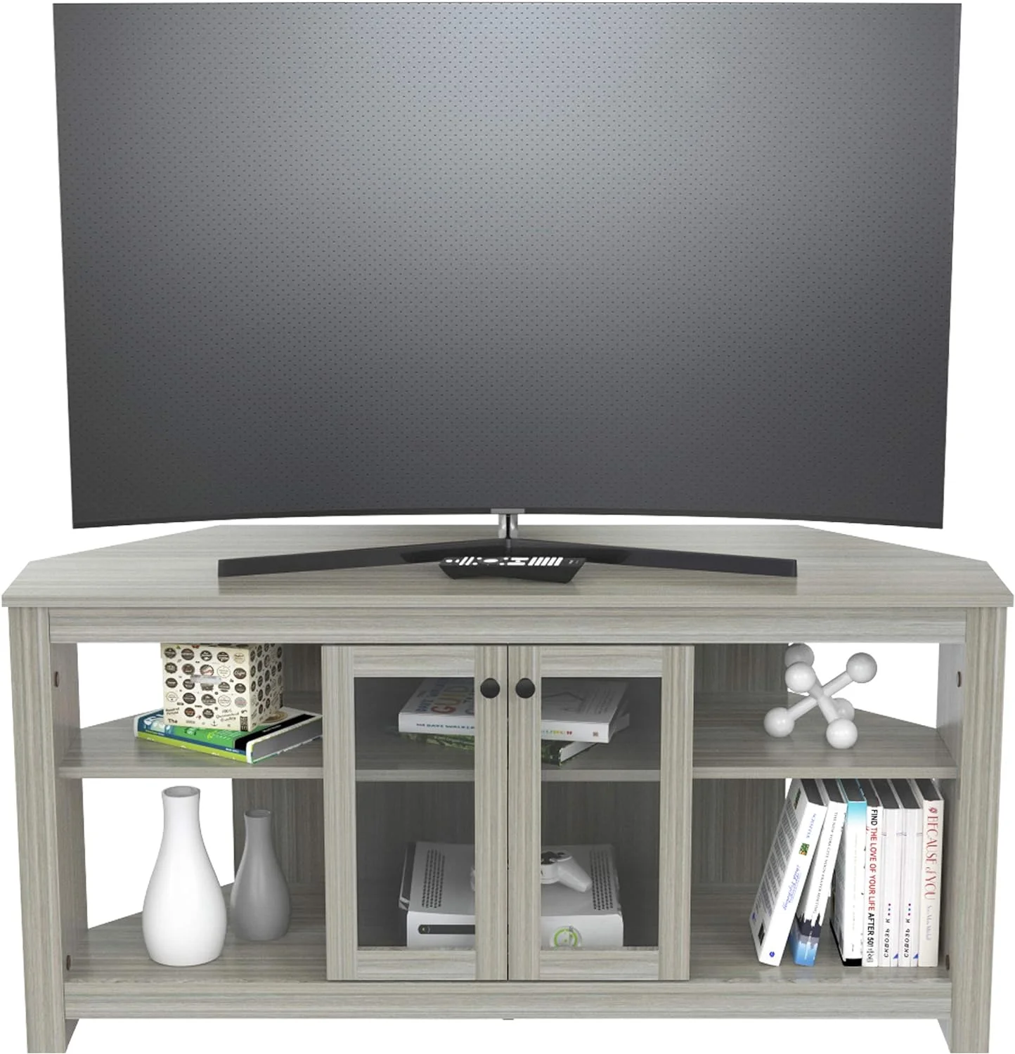 Corner TV Stand With Glass Doors, Oak