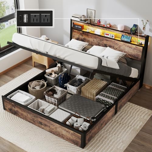 SADENICEL Queen Bed Frame with Storage Headboard and 4 Drawers, Metal Platform Bed Frame with LED Light, Charging Station, No Box Spring Needed, Noise Free, Easy Assembly, Vintage Brown