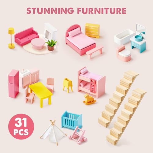 Tiny Land Wooden Dollhouse for Girls - 6 Rooms Wooden Doll House, DIY Pretend Doll House with 31Pcs Furniture Accessories, Creative Gift for Girl Ages 3+, Green