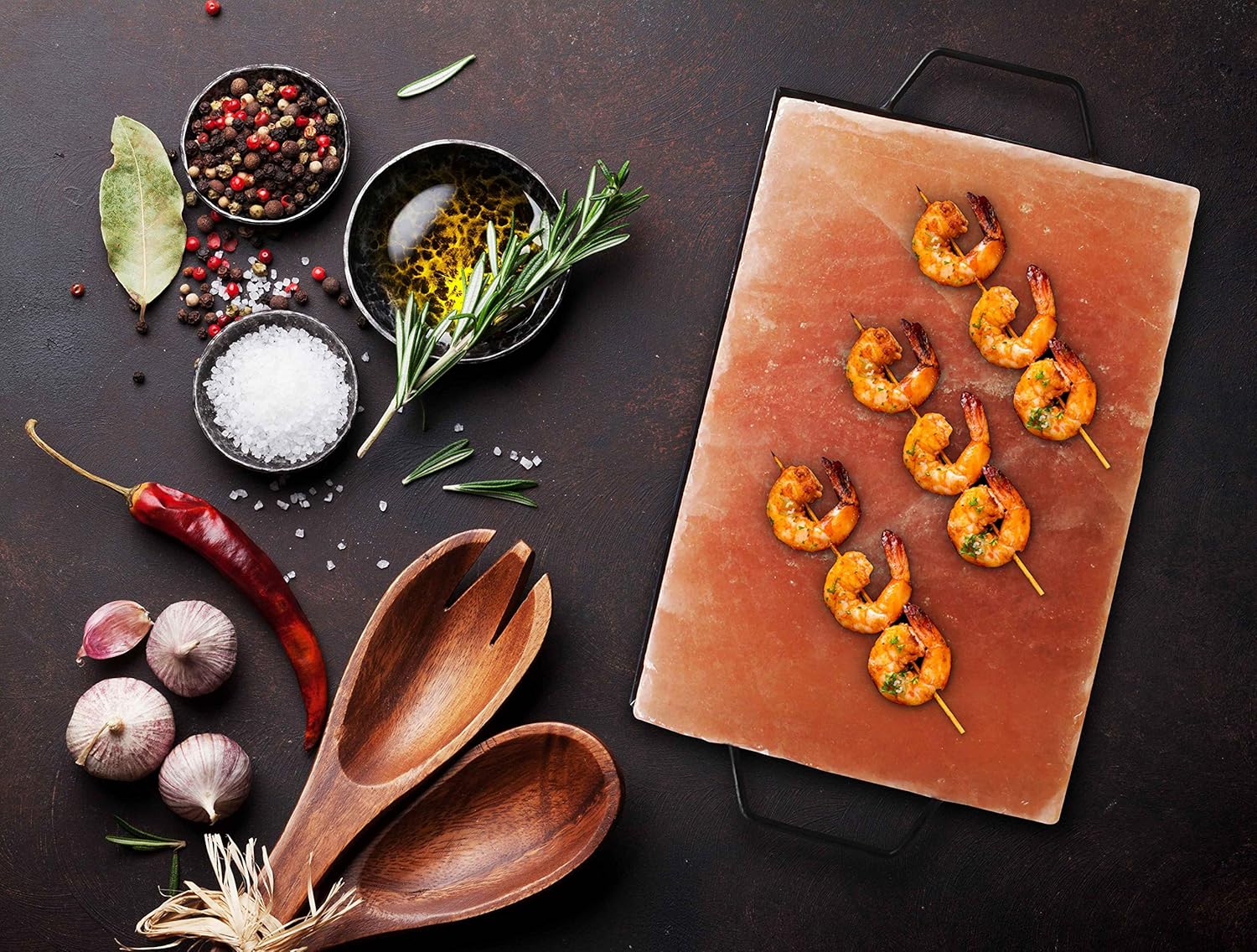 Himalite Himalayan Pink Salt Block & Metal Tray Set 12” x 8” x 1.5” for Cooking, Grilling, Cutting, and Serving with Himalayan Cooking Accessories Pack of 2
