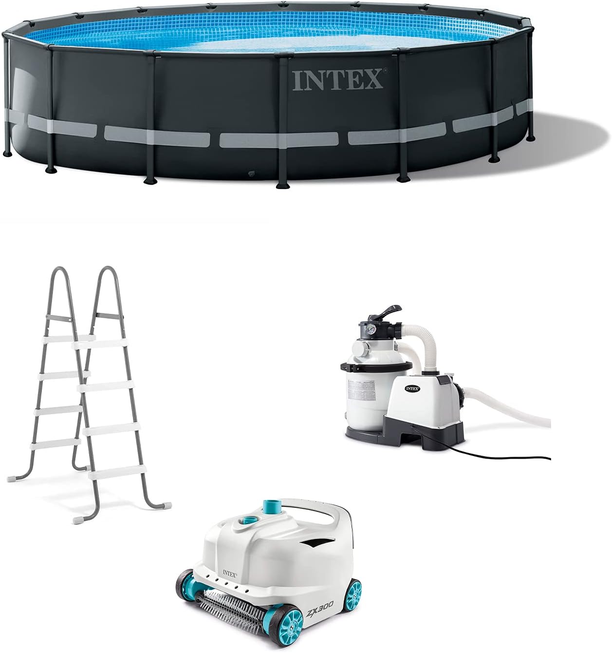 Intex Ultra XTR 16ft x 48in Outdoor Above Ground Swimming Pool Set w/Pump Bundle w/ 700 Gal Per Hour Pool Cleaner Robot Vacuum & 21 Ft Hose