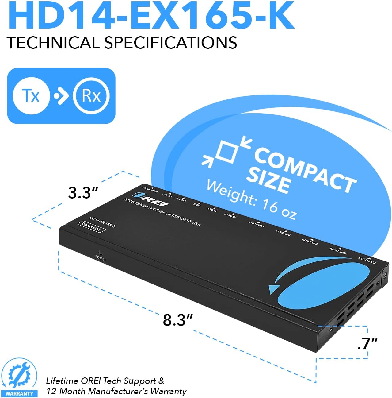 OREI 1x4 HDMI Extender Splitter Multiple Over Single Cable CAT6/7 1080P with IR Remote EDID Management - Up to 165 Ft - Loop Out - Low Latency - Full Support
