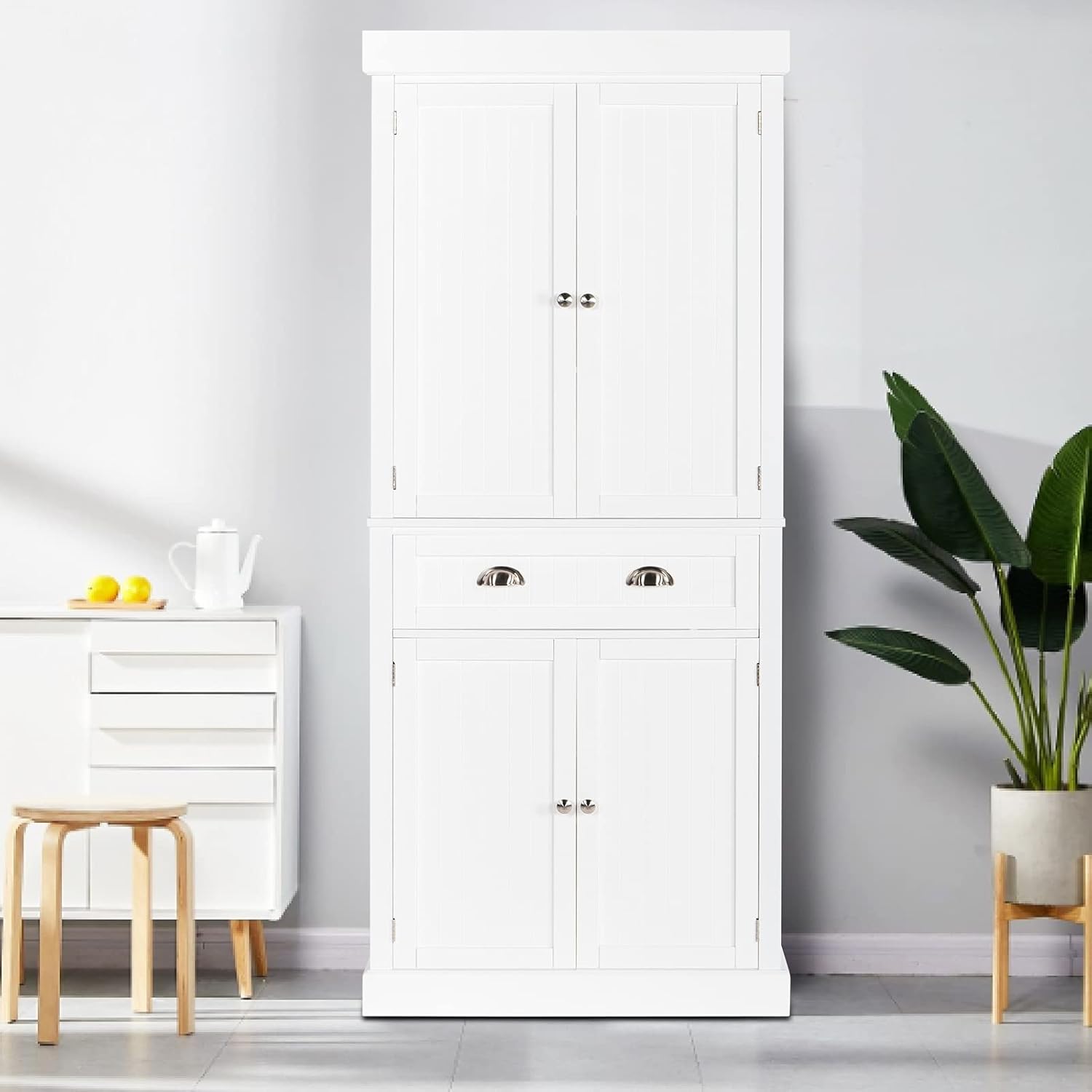 VINGLI Upgraded 72” Freestanding White Storage Cabinet with Doors and Shelves Adjustable, Wood Pantry Storage Cabinet with Drawers for Kitchen, Bedroom, Living Room, Assembly Required