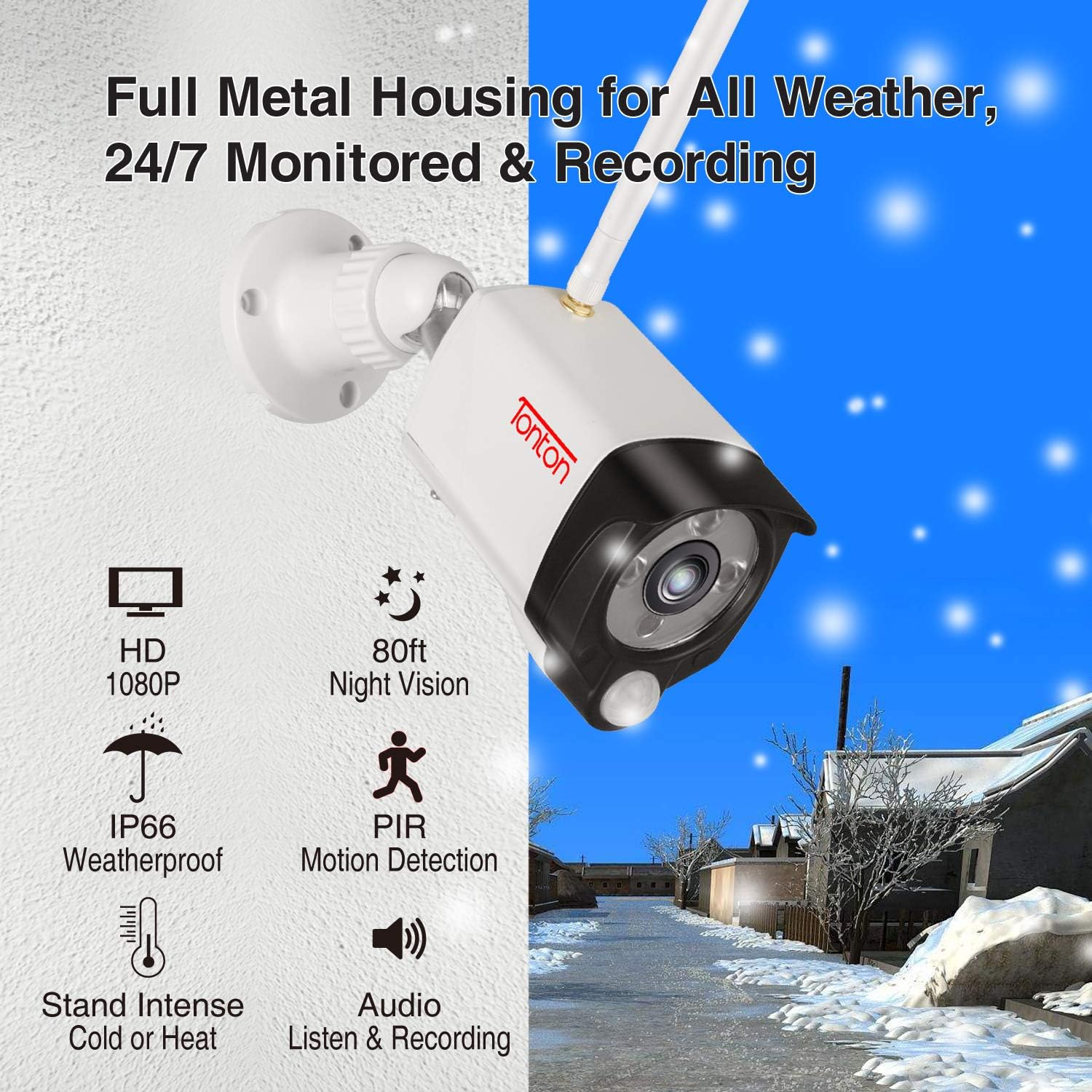 [2K&2 Way Audio&Thermal Detection] Tonton Wireless All-in-One Ultra HD Security Camera System with 16 Inch Monitor, 8CH NVR with 1TB HDD,4PCS 3MP Outdoor Bullet IP Cameras,Plug and Play