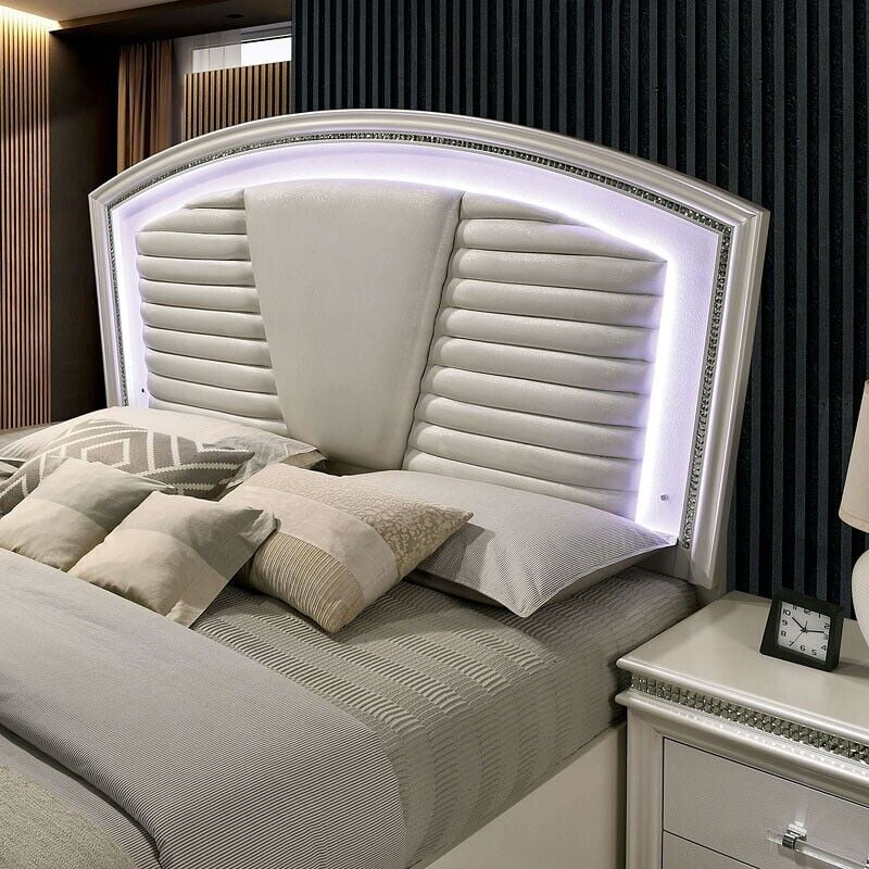 Antique Contemporary Pearl White 4pc Bedroom Queen Size Bed Set Dresser Mirror Nightstand Bedroom Furniture Padded HB LED