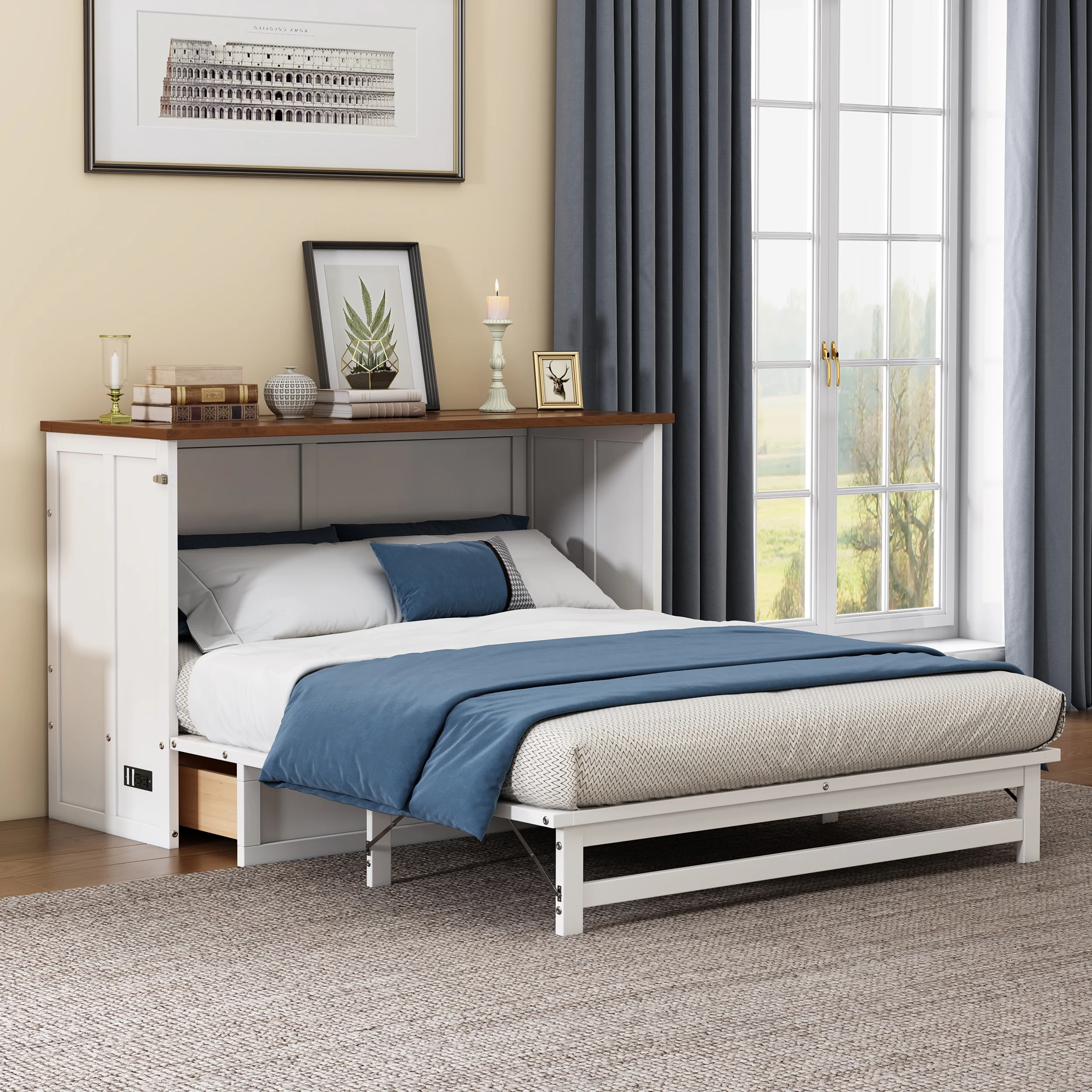 Bellemave Murphy Bed Queen with Storage Drawer, Solid Wood Queen Size Murphy Bed Cabinet with Charging Station, Easy Fold Modern Murphy Beds for Guest Room Home Office (White+Walnut)