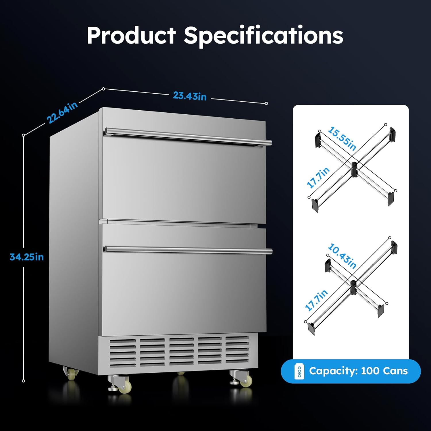 Outdoor Beverage Refrigerator, 24 Inch Under Counter Double Drawer Fridge, Stainless Steel, Freestanding/Built-In Installation Outdoor Beverage Fridge for Patio, Outdoor Beverage Cooler with Wheels