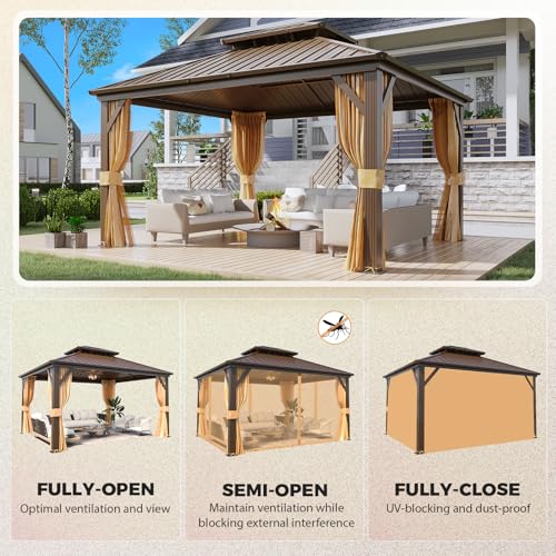 YOLENY 10' x 12' Hardtop Gazebo, Wood-Looking Gazebo with Galvanized Steel Double Roof, Aluminum Frame, Permanent Metal Pavilion with Netting and Curtains for Deck, Backyard, Patio and Lawns