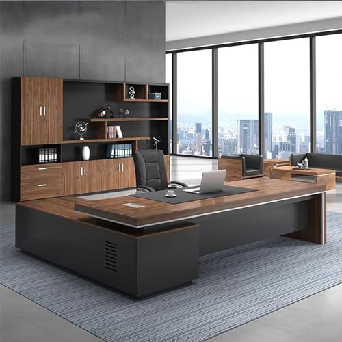 Modern L-Shape Executive Desk, Brown Pedestal Executive Desks with Storage and Cable Management, Manufactured Wood Computer Desk Office Desk 79" L x 63" W x 29.5" H - Left Hand Return