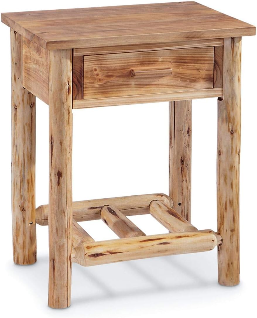 CASTLECREEK Pine Log End Table Nightstand, Rustic Natural Weathered Look Wooden Side Tables with Storage Drawer for Living Room Couch, Bedroom