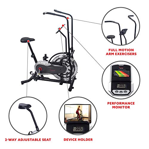 Sunny Health & Fitness Air Bike Fan Exercise Bike with Digital Monitor, Full Motion Arm Exercisers, and Adjustable Seat