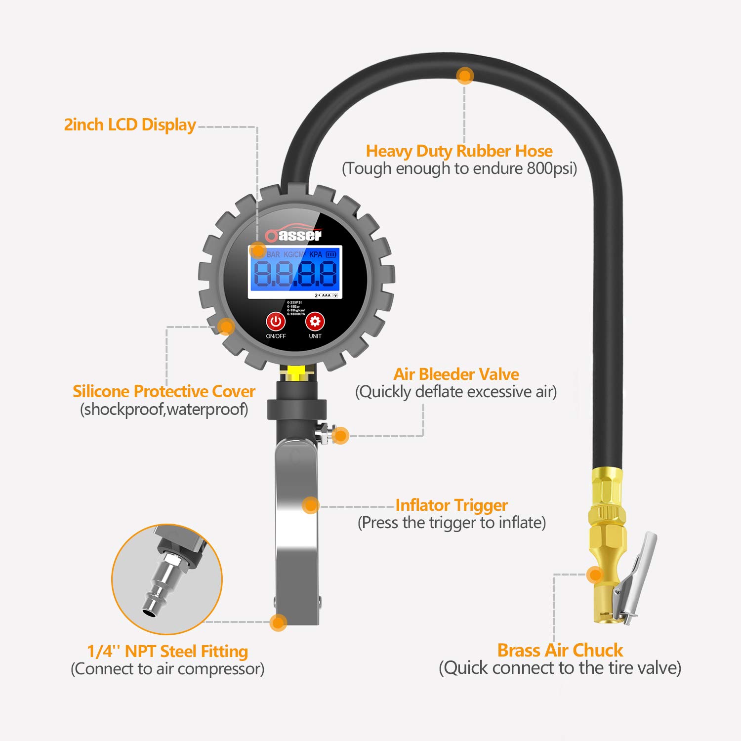 Oasser Tire Inflator with Gauge Tire Pressure Gauge Inflator 255PSI Air Compressor Accessories with Brass Air Chuck Dual Head Air Chuck 1/4" NPT Digital Backlit LCD P5