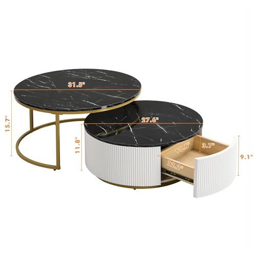 Modern Round Nesting Coffee Table Fluted with Drawer in White & Gold in 31.5''