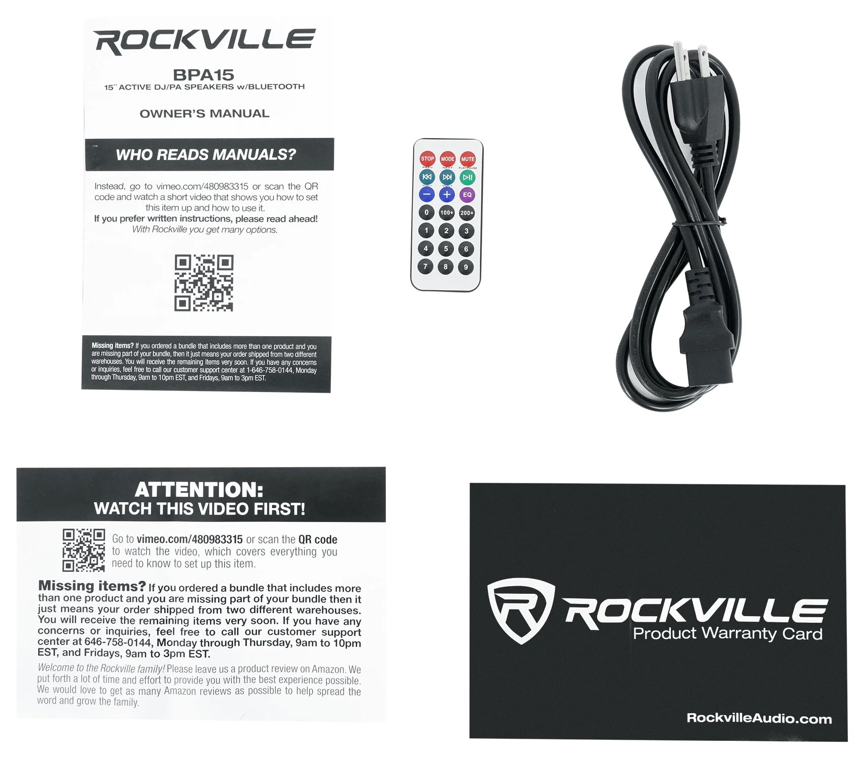 (2) Rockville BPA15 15" 1600w Active PA/DJ Speakers+Mixer+Mic+Stands+Cables+Bag