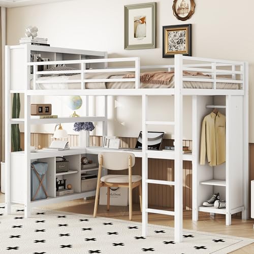 Linique Metal Loft Bed with Wardrobe & L-Shaped Desk - Sturdy Space-Saving Loft Bed Includes Storage Cubes, Shelves for Kids, Teens, Adults (White, Queen)