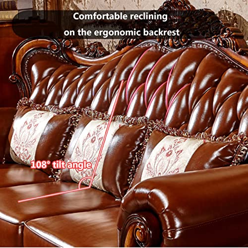 European-Style Leather Sofa, Solid Wood Carved High-end American-Style Sofa Villa Living Room Furniture Suitable for Villa Living Room with Pillows Stool