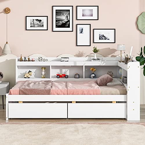 Twin Size Platform Bed with L-shaped Bookcase Headboard and 2 Storage Drawers, Pine Wood Daybed Captains Bed with Bookshelf for Kids Boys Girls, White