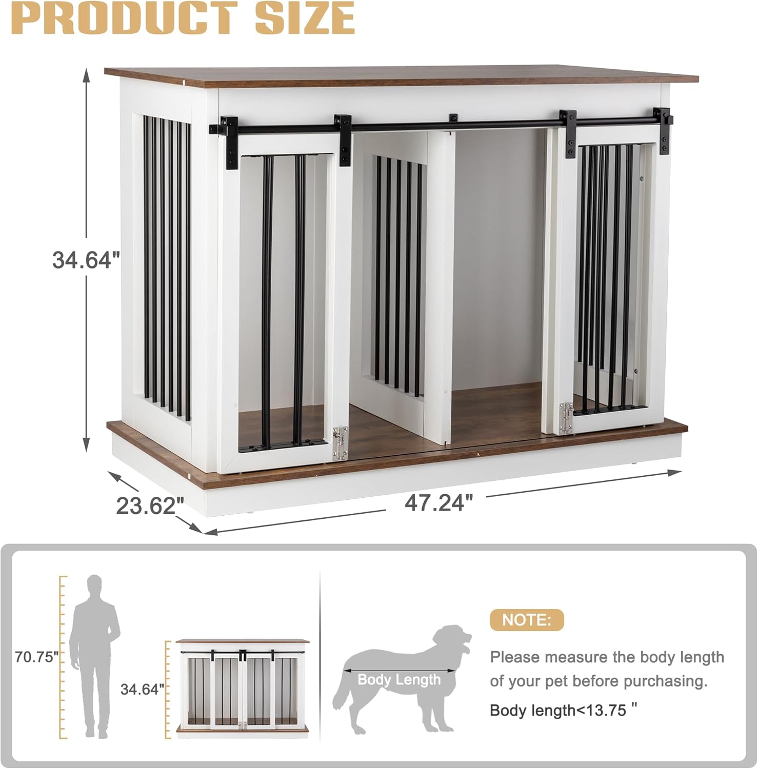 Sunseen Dog Crate Furniture with Divider,Wooden Dog Kennel End Table,Large Breed Dog House Indoor for One Large Dog or Two Small Dogs,Double Doors,47''W*24''D*35''H,White