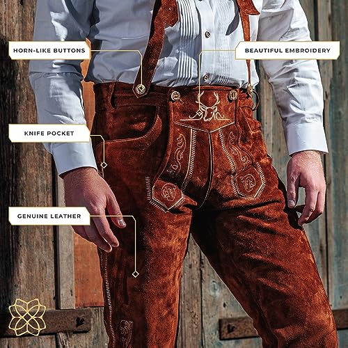 Lederhosen Men - Genuine Leather Authentic German Lederhosen for Men, Oktoberfest Outfit - Light Brown Knee