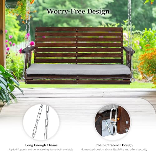 VINGLI Heavy Duty 880 LBS Patio Wooden Porch Swing Outdoor with Extra Cushion, Farmhouse Hanging Bench Tree Swing with Adjustable Chains for Yard | Garden | Lawn | Balcony (5 FT, Rustic)