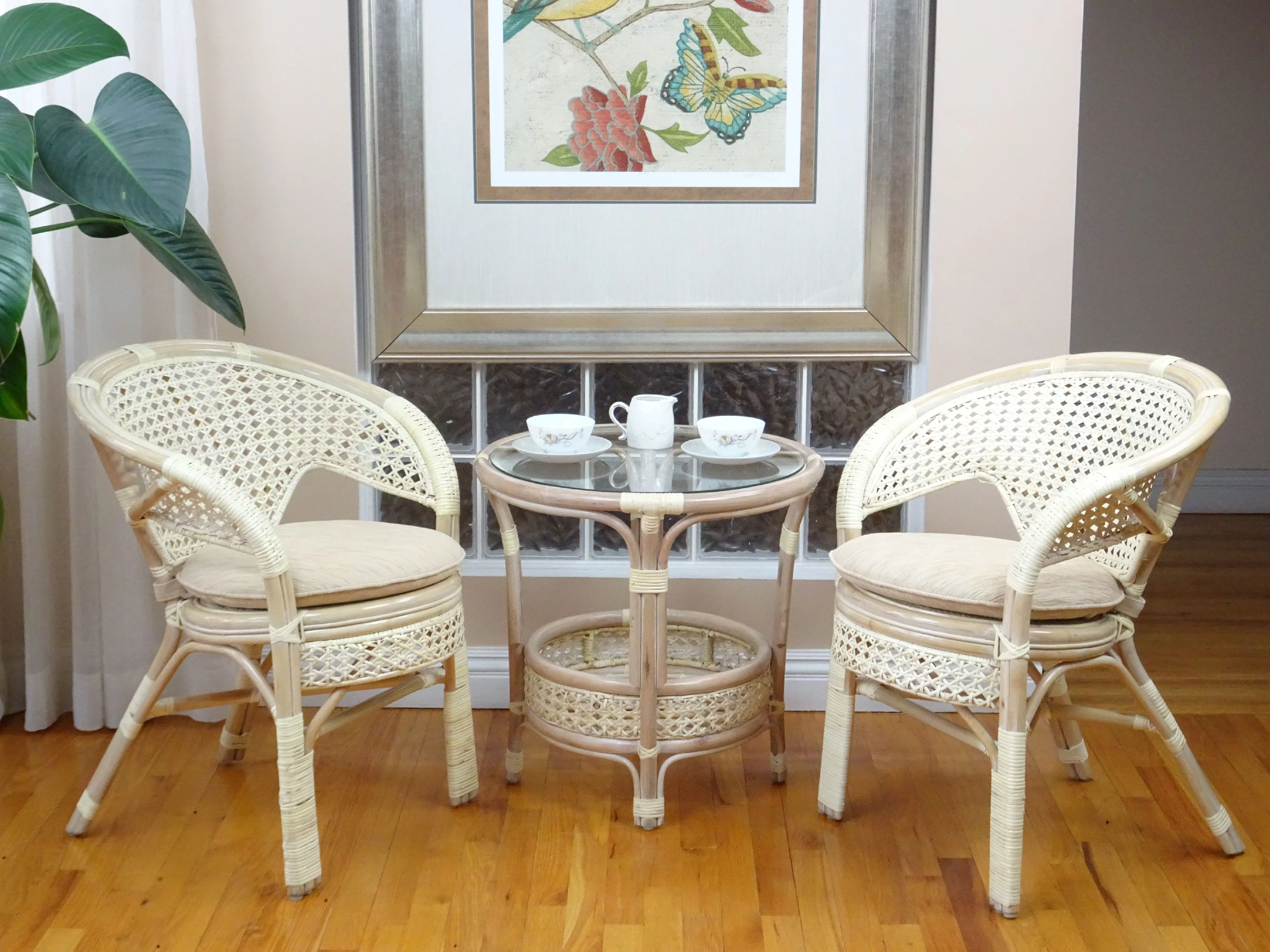 Set of 4 Pelangi ECO Natural Rattan Wicker Dining Armchairs Handmade Design, White Wash Color