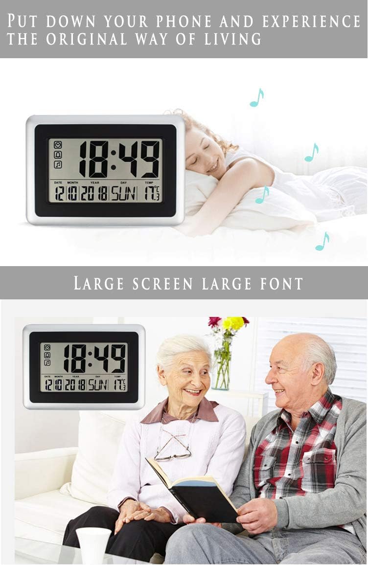 Atomic Wall Desk Clock Large Display with Indoor Outdoor Temperature Date Calendar, Digital Alarm Clock Battery Operated Without Backlight for Kitchen Bedroom