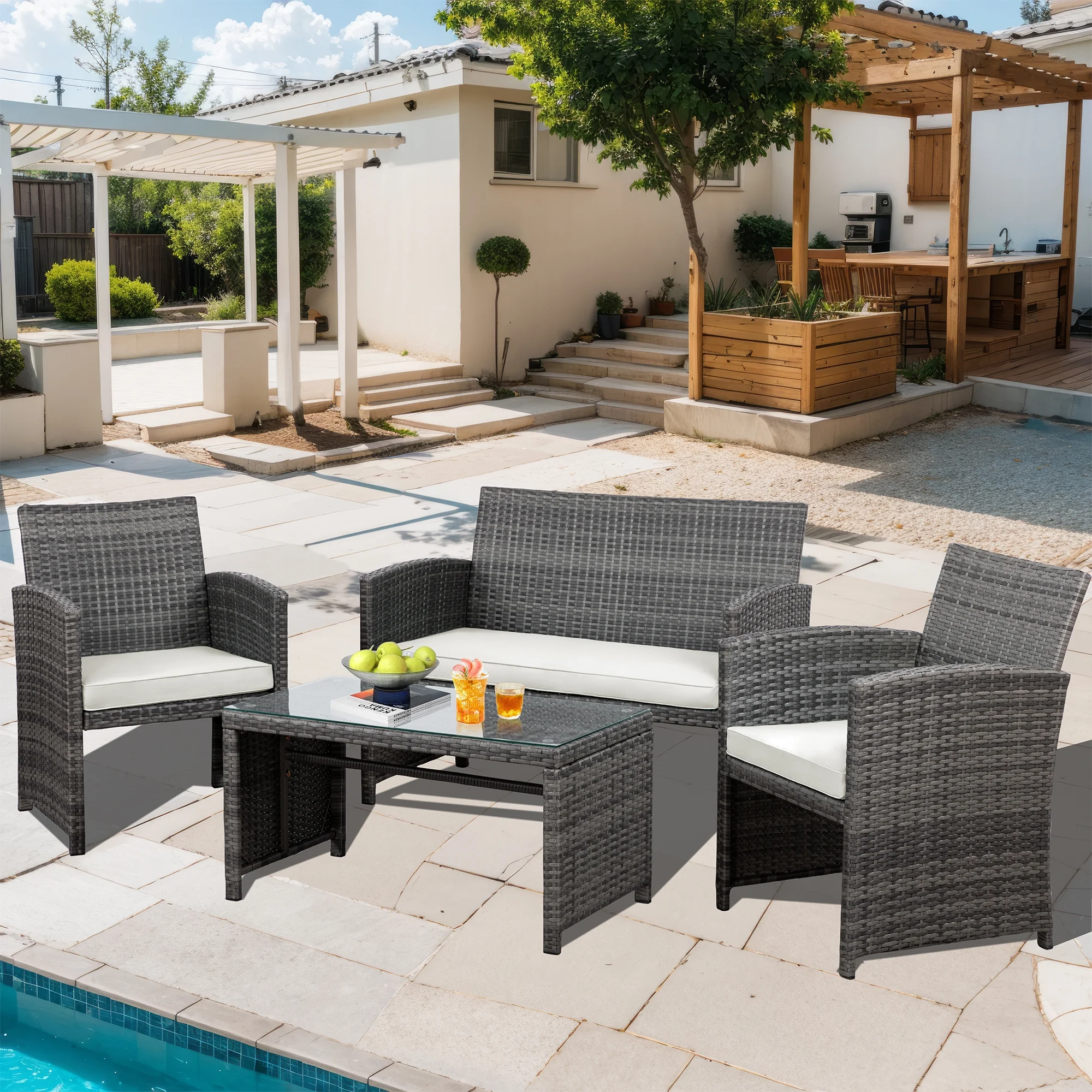 Walsunny 4 Piece Patio Ratten Set Outdoor Furniture Set Wicker Conversation Set with Cushions and Tempered Glass Tabletop
