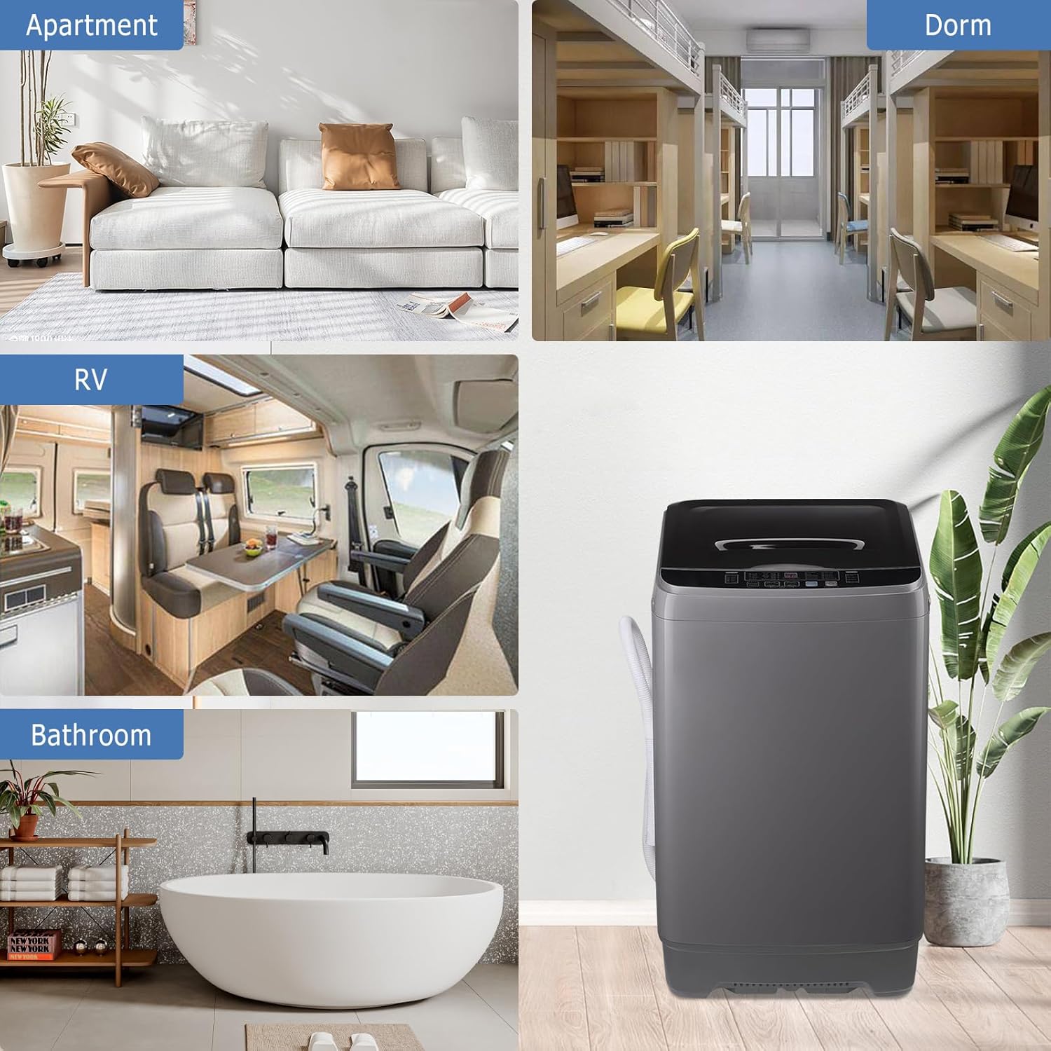 Washing Machine Washer Machine 1.25cu.ft Apartment Dorm Laundry Compact Portable Washer Gray Full Automatic, 8 Water Levels, 10 Wash Programs