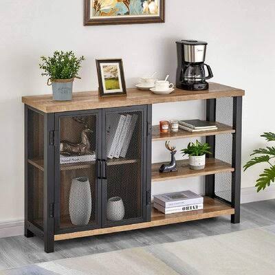 Industrial Bar Cabinet for Liquor and Glasses, Rustic Wood and Metal Wine Rack Table, Accent Sideboard Buffet with Doors (47 inc