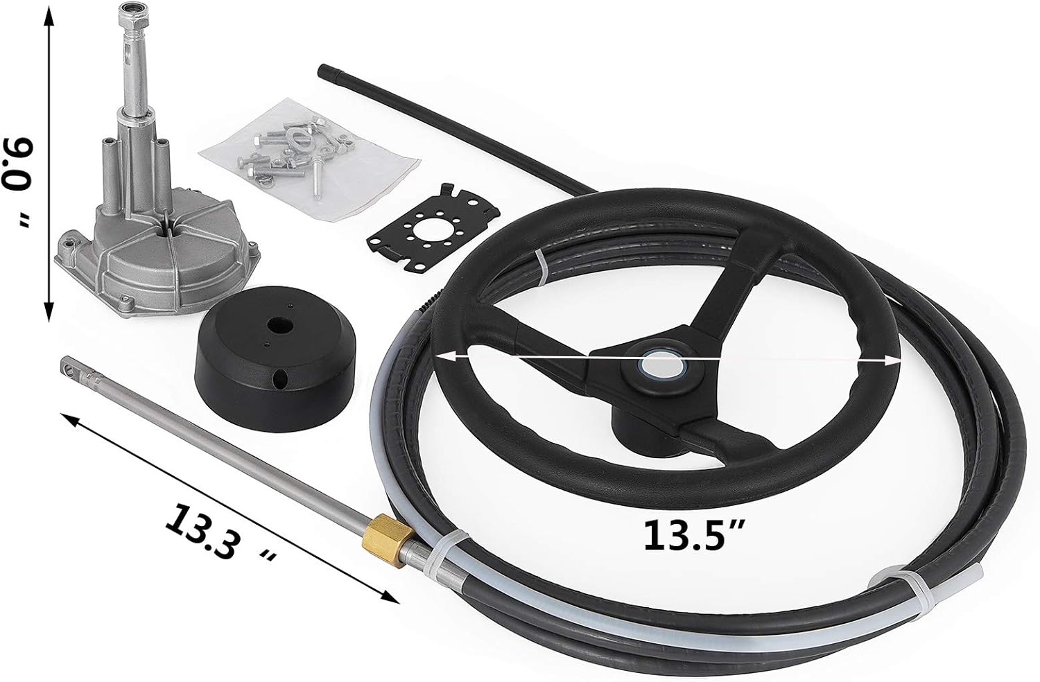 Bestauto Outboard Steering System 10' Boat Steering Cable 10 Feet Marine Steering System 3/4'' Shaft with 13.5 Inch Wheel for Yachts and Waterborne Vehicles